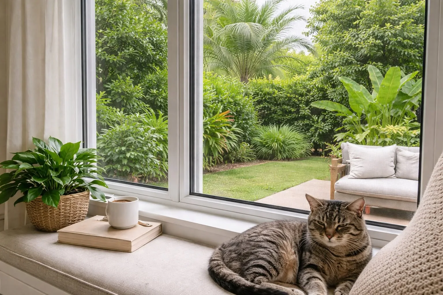 Cat resting beside a window overlooking a garden.